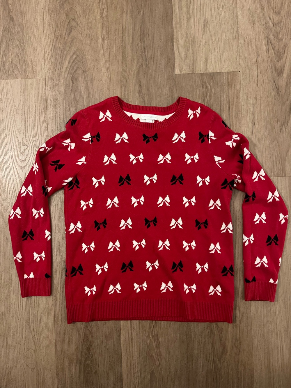 Charter Club Red Crewneck Sweater with Black and White Bow Motif